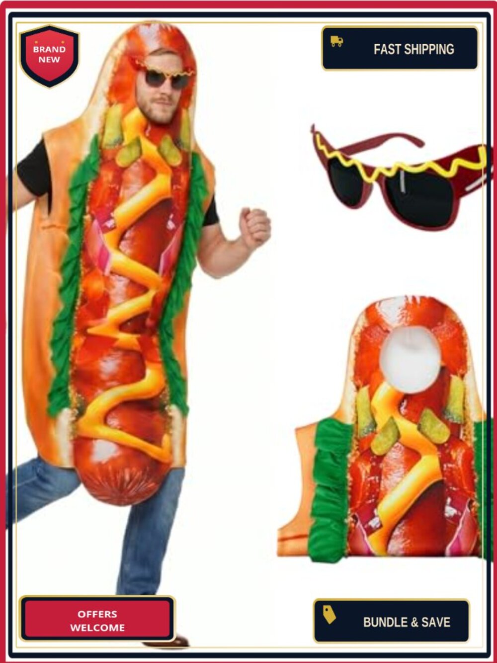 Adult Hot Dog Costume Funny Food Jumpsuit Sausage Glasses Set Halloween Cosplay